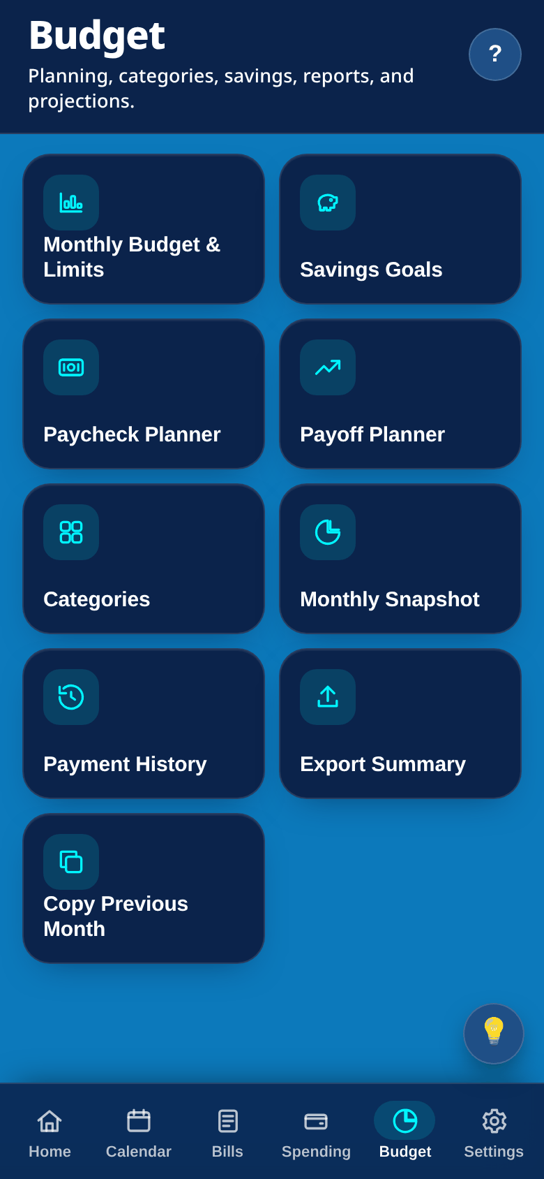 PayAviator Budget screen with tool tiles: Monthly Budget and Limits, Savings Goals, Paycheck Planner, Payoff Planner, Categories, Monthly Snapshot, Payment History, Export Summary and Copy Previous Month (sample data)