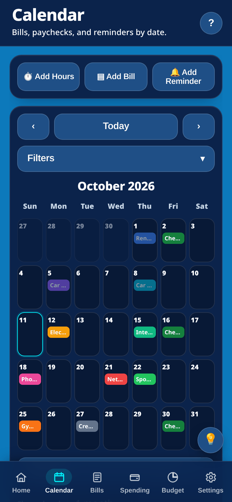 PayAviator Calendar screen with Add Hours, Add Bill and Add Reminder actions above an October 2026 month view with color-coded bills and paychecks (sample data)
