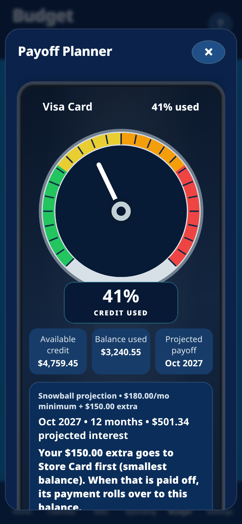 PayAviator Payoff Planner for a sample Visa card: credit-used gauge at 41%, available credit $4,759.45, and a Snowball projection of $180.00 a month minimum plus $150.00 extra, paid off in 12 months with $501.34 projected interest (sample data)